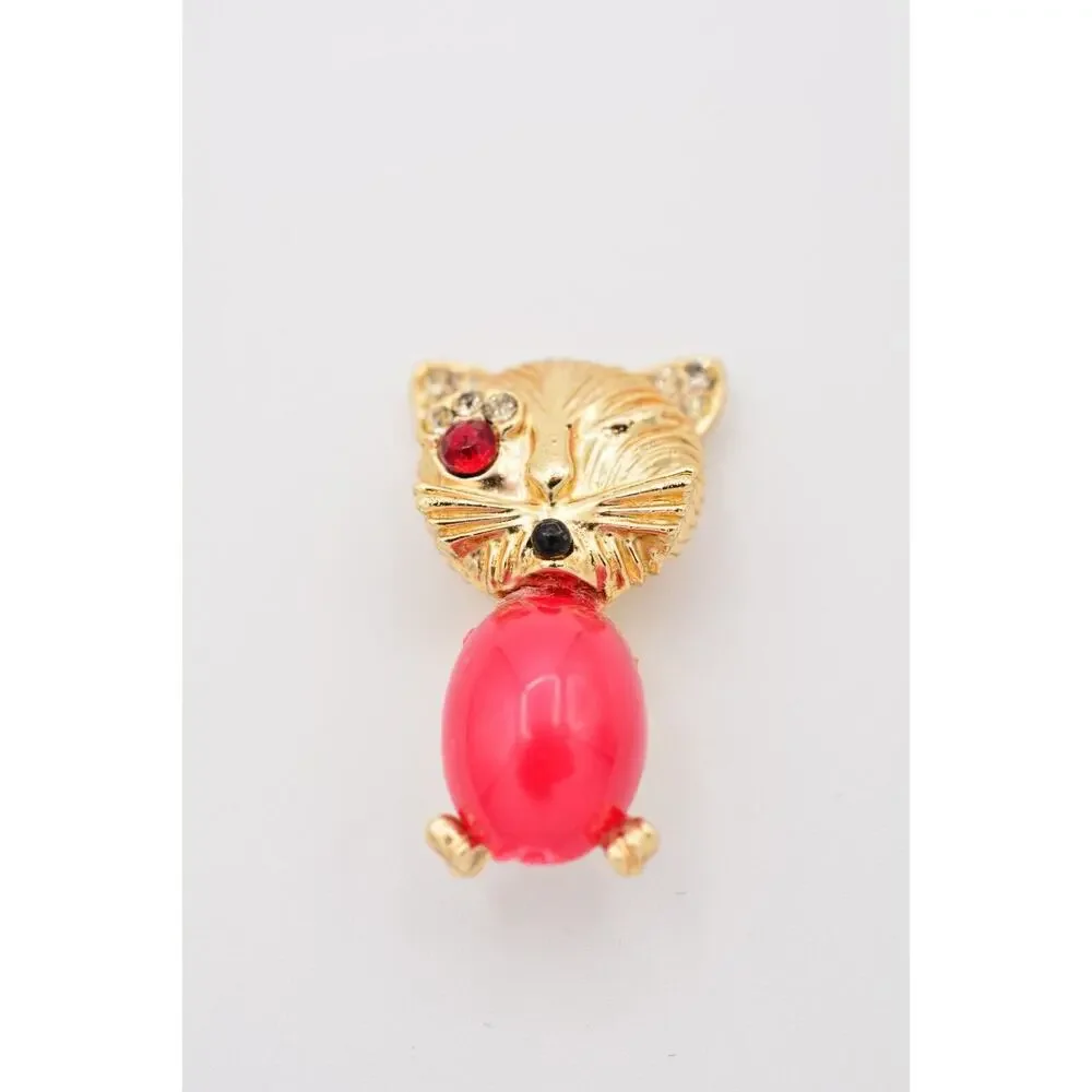 Vintage Winking Cat Pin Brooch Kissy Face Cabochon Crystal Gold 1980s BinATa